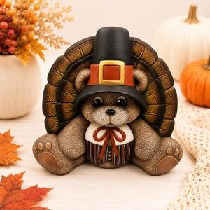 Hand-Painted Ceramic Pilgrim Bear With Turkey Tail Table Decor